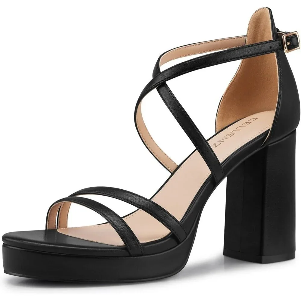 Women's Black Sandal Stylish Comfortable Chunky Blocked Strappy Heel Shoe